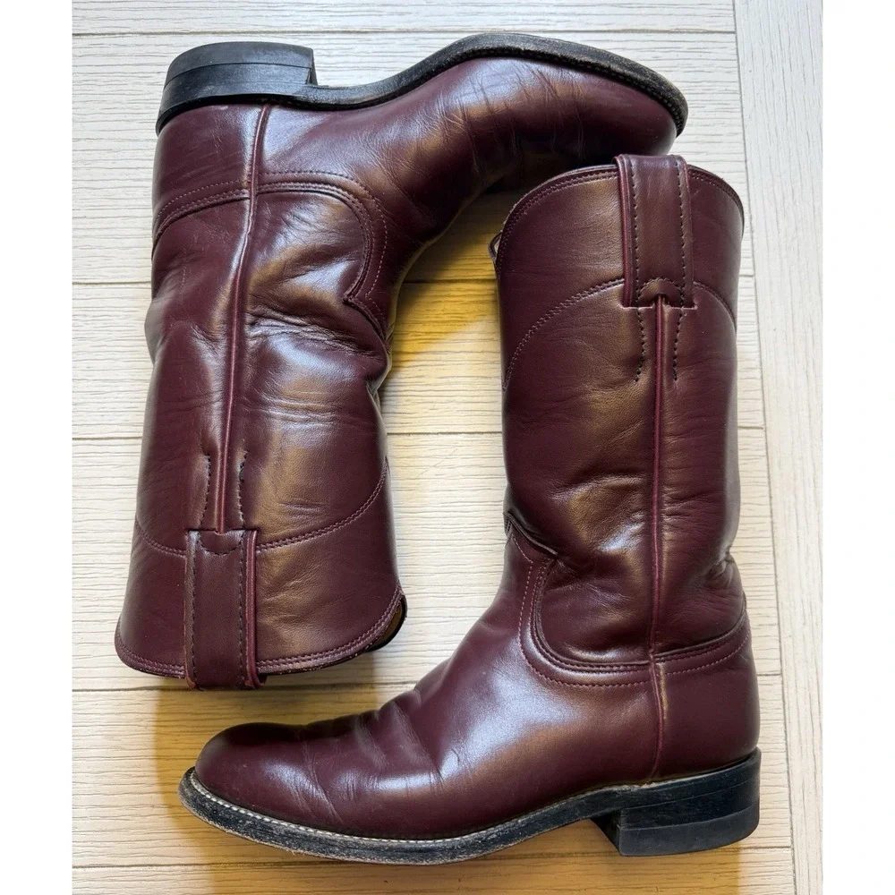 Justin Vintage Roper Boots Women's / Kids 4 B Made In‎ USA L3068 Maroon Leather